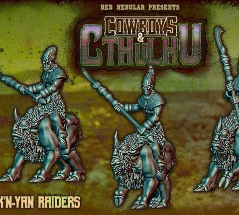 Humanoid aliens with spears riding horned, alien horses