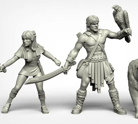 A set of three fantasy miniatures features a muscular male hero wielding a sword and holding a falcon, alongside a svelte female character brandishing a dagger. Both figures are depicted in a dynamic pose, showcasing intricate details in their clothing and accessories, reminiscent of 80s high-fantasy cinema. The miniatures are presented in a light gray color, highlighting their sculptural features.