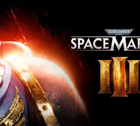 A close-up of a stern-looking Space Marine character, showcasing intricate details on his armor and facial features. The character has a rugged appearance with a prominent brow and several mechanical implants on his head, set against a dark, fiery background that enhances the dramatic effect. The image emphasizes the character's intense expression and the metallic textures of his blue and gold armor.