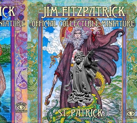 The image features two collectible miniature boxes from Lucid Eye Publications, showcasing artwork inspired by Jim Fitzpatrick. On the left, the box for "Cú Chulainn" displays a dynamic illustration of the legendary hero, adorned with intricate Celtic patterns and vibrant colors. On the right, the "St. Patrick" box features a detailed depiction of the saint, surrounded by swirling clouds and lush greenery, with a sculpted miniature prominently displayed in the foreground.