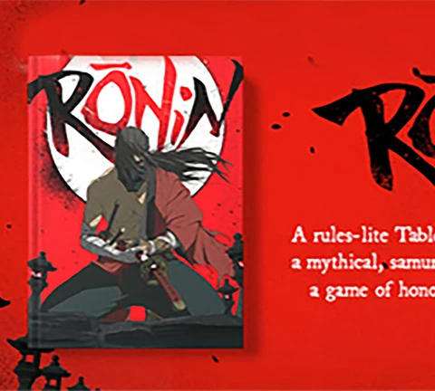 A striking image features the cover of the tabletop roleplaying game Rōnin, set against a bold red background. The artwork depicts a samurai character in a dynamic pose, wielding a sword, with a stylized logo of the game prominently displayed above. Below the character, descriptive text highlights that Rōnin is a rules-lite tabletop RPG focused on mythical, samurai-inspired themes of honor and combat.