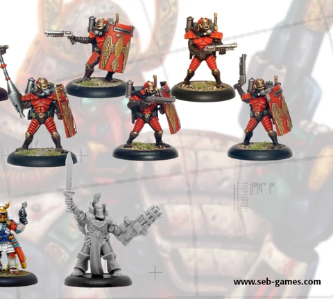 A collection of miniature figures showcases two new additions to the webshop. The top row features several armored warriors, including a fierce warrior from the Leviathan Classic Range, who channels Earthpower, and multiple Convict Auxilia in red armor, equipped for close combat. The bottom row includes a diverse array of characters, such as a figure in green with a bow, a samurai-inspired warrior, and a gray figure wielding a large weapon, all set against a subtle background.