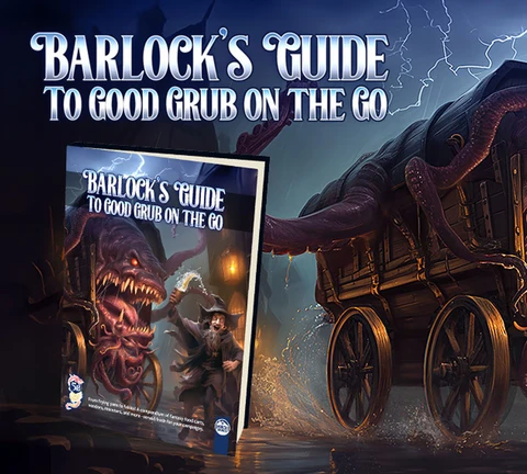 A whimsical and slightly eerie scene features a large, monstrous cart with a gaping mouth filled with sharp teeth, and tentacles extending from its sides. In the foreground, a jovial wizard, dressed in a dark robe and a pointed hat, holds a tankard and appears to be enthusiastically gesturing towards the cart. The background is illuminated by flickering lanterns, with dark stormy skies and flashes of lightning adding to the dramatic atmosphere.