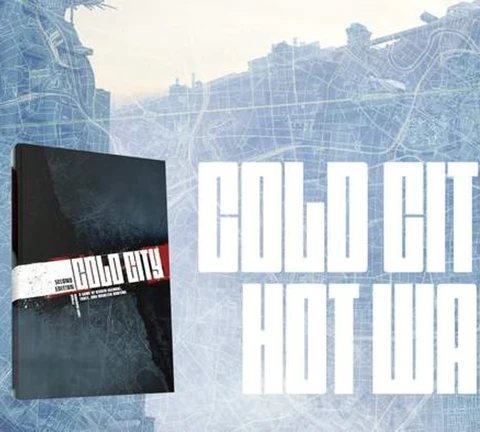 The image features two tabletop role-playing game book covers side by side, set against a faintly detailed map background. On the left, the cover for "Cold City" is predominantly black with a red stripe, while the right cover for "Hot War" has a dark red background with a white stripe across the middle. The title "COLD CITY HOT WAR" is prominently displayed in bold, white letters across the center, emphasizing the connection between the two games. The overall aesthetic conveys a sense of tension and intrigue, fitting the themes of espionage and supernatural horror.