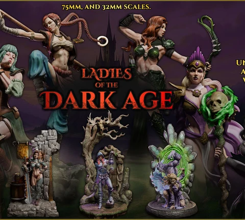A collection of intricately designed female miniatures from the "Ladies of the Dark Age" series, displayed prominently against a dark, atmospheric background featuring a castle silhouette. The miniatures vary in scale, including 75mm and 32mm, showcasing diverse characters such as warriors and spellcasters, each with unique poses and details. The text highlights "21 UNLOCKED ALTERNATE VERSIONS," emphasizing the variety available in this collection.