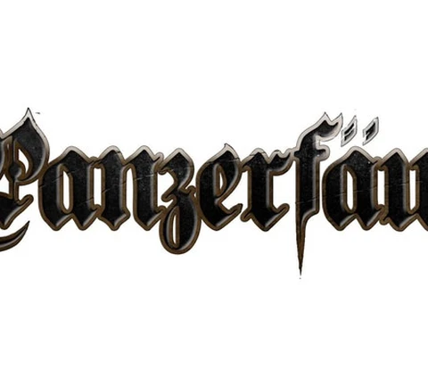 The logo for "Panzerfäuste" features the game's name in an ornate, gothic-style font. The letters are predominantly black with a slight metallic sheen, giving it a bold and striking appearance. The design includes sharp edges and flourishes, particularly on the letters "ä" and "f," which add a sense of fantasy and drama to the overall look. The logo is set against a plain white background, enhancing its visibility and impact.