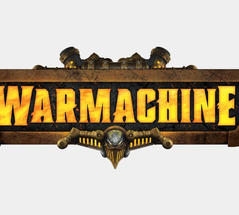The image features the logo for "Warmachine," prominently displayed with bold, fiery orange letters against a textured black and gold background. Above the text, there are mechanical elements, including pipes and gears, adding to the industrial theme of the Iron Kingdoms. The overall design conveys a sense of power and excitement, fitting for a tabletop gaming experience.