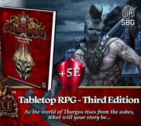 A promotional image for the Cursed Empire RPG features a striking design with a red and gold color scheme. In the foreground, a detailed book cover for "Cursed Empire - Third Edition" is prominently displayed, alongside a shield icon indicating compatibility with 5E systems. Flanking the book are two characters: a heavily armored warrior on the left and a menacing creature on the right, both set against a backdrop of medieval towers and a dark, atmospheric sky.
