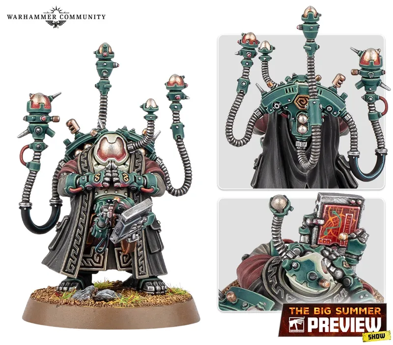 A detailed miniature of a character from the Leagues of Votann, featuring a robust figure clad in a long, dark robe with intricate patterns. The character has a prominent, rounded chest piece and is equipped with various high-tech devices, including multiple antennae and a weapon in one hand. The base is adorned with small rocks and grass, enhancing the sci-fi aesthetic of the model.
