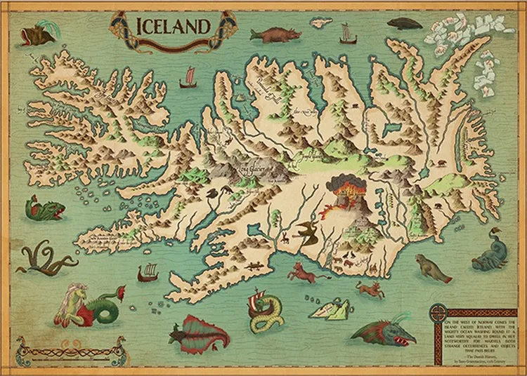 A detailed illustrated map of Iceland features various geographical elements, including mountains, forests, and coastlines, all rendered in a whimsical style. Mythical creatures such as sea serpents and mermaids are depicted in the surrounding waters, while Viking ships sail along the coast. The map is adorned with decorative borders and labels, enhancing its fantasy theme and connection to the Age of Vikings tabletop roleplaying game.
