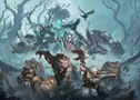 A dynamic scene features a variety of characters and creatures from the Old Umbrey Command Starter and Battlegroup Box. In the foreground, a fierce, wolf-like warbeast with red markings stands alongside a soldier aiming a rifle, while a small bird perches nearby. In the background, a witch in flowing robes commands a spectral figure, flanked by various warbeasts and warriors, all set against a misty, eerie landscape filled with twisted trees and shadowy figures.