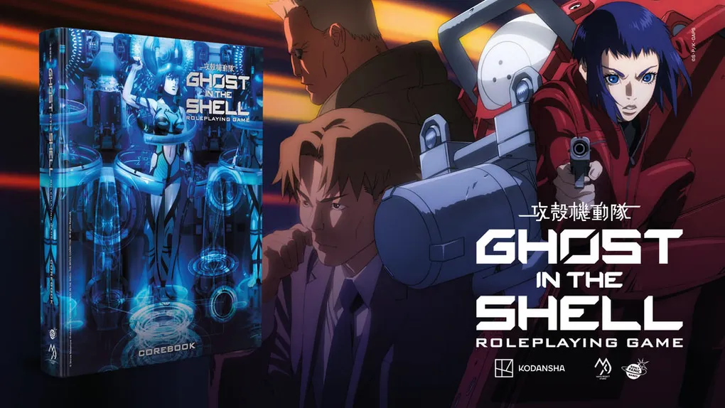 A dynamic illustration features characters from the "Ghost in the Shell" universe, prominently displaying a female character with short blue hair, wielding a gun, and wearing a red outfit. In the background, a male character in a suit appears alongside another character with a cybernetic arm, set against a backdrop of futuristic technology and neon lights. The title "GHOST IN THE SHELL ROLEPLAYING GAME" is boldly featured, along with additional text in both English and Japanese.