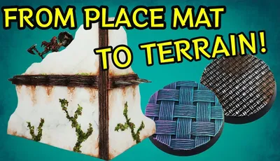 A textured terrain piece resembling a weathered stone structure with a cross, adorned with green moss, is prominently featured on the left. To the right, three circular terrain mats showcase different patterns: one with a woven texture in shades of blue, another with a dark, grid-like design, and a third with a smooth, glossy finish. Bold text at the top reads "PLACE MAT TO TERRAIN," emphasizing the innovative concept of transforming mats into detailed gaming terrain.