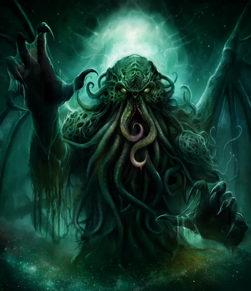 Green tentacled creature with glowing eyes and raised hands in a dark, misty setting.
