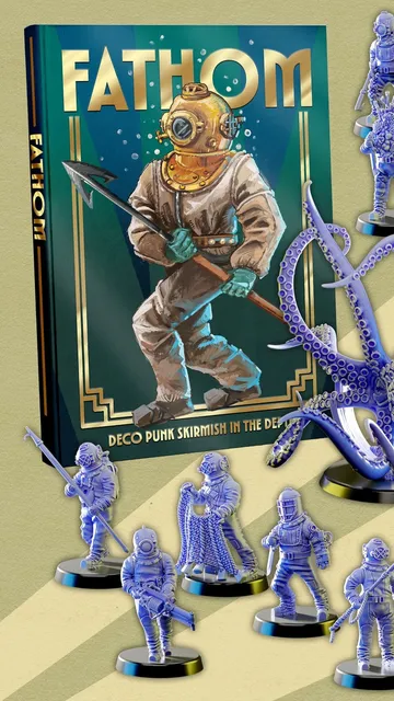 Fathom game box, diver in suit, octopus model, and miniatures.