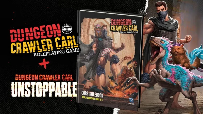 A dynamic scene features the "Dungeon Crawler Carl" core rulebook prominently displayed, showcasing its colorful cover art with a muscular character in a rugged outfit, wielding weapons and surrounded by fantastical creatures. To the right, a fierce-looking dinosaur-like creature with vibrant blue and pink scales stands alongside a small, intelligent-looking cat with a mischievous expression. The background includes a stone dungeon setting, enhancing the adventurous theme of the tabletop roleplaying game and its associated card game, "Unstoppable."