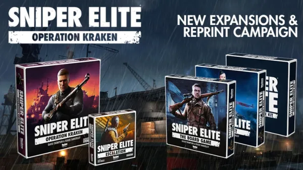 A promotional image features two game boxes for the Sniper Elite tabletop game. The larger box on the left is titled "Sniper Elite: Operation Kraken," showcasing a character holding a rifle against a backdrop of a war-torn setting. The smaller box on the right is labeled "Sniper Elite: Escalation," depicting a different character with a firearm. The background includes industrial elements, suggesting a gritty atmosphere, with rain adding to the dramatic effect.