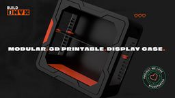 A sleek, 3D-printable display case designed for collectors, featuring a black exterior with angular lines and a vibrant red base. The case is shown from a slightly elevated angle, highlighting its modular design and snap-fit assembly, which requires no tools. The text "3D-PRINTABLE. DISPLAY CASE." is prominently displayed, along with a "PROJECT WE LOVE" badge from Kickstarter.