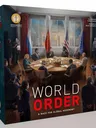 World Order board game box with leaders at a round table, flags, and city skyline through windows.