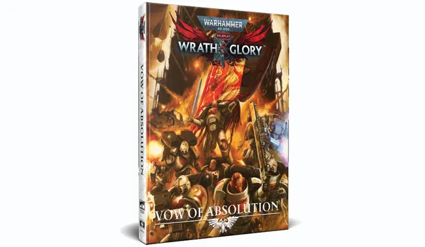 A visually striking cover for the supplement "Vow of Absolution" for Warhammer 40,000 Roleplay: Wrath & Glory. The artwork features a dynamic scene with several Space Marines in ornate armor, engaged in battle amidst a backdrop of chaos and destruction. The title "VOW OF ABSOLUTION" is prominently displayed at the bottom, with the "WRATH & GLORY" logo at the top, surrounded by dramatic colors and intense imagery that captures the essence of the Warhammer 40,000 universe.