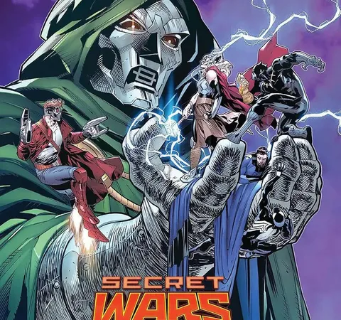 Doctor Doom holding energy, with Rocket Raccoon, Thor, Black Panther, and others. Text: SECRET WARS.