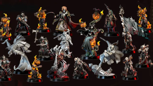 A collection of ten intricately designed miniatures from the Weird War I series is displayed against a dark background. The figures include a mix of undead and fantastical characters, such as a pumpkin-headed figure, a skeletal warrior, and a witch, all featuring dynamic poses and detailed sculpting. Each miniature showcases unique elements like flowing robes, weapons, and flame effects, emphasizing their dark fantasy theme, with the text "OCTOBER 2025" prominently featured at the top.