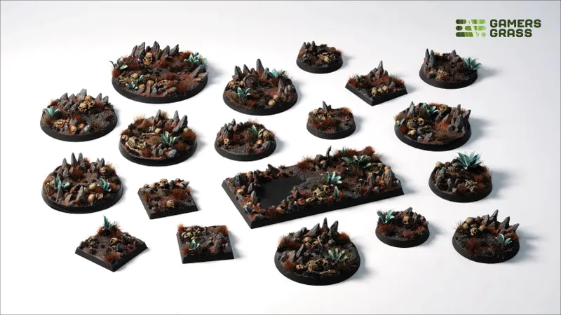 Miniature bases with skulls, rocks, and brown/blue vegetation on dark terrain.