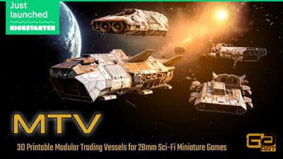 A collection of detailed, futuristic trading vessels is depicted against a cosmic backdrop featuring a planet and distant stars. The ships vary in design, showcasing angular shapes and intricate surface details, with a color palette of metallic grays and whites. The text "MTV" is prominently displayed, along with a tagline about printable modular trading vessels for 28mm sci-fi miniature games.