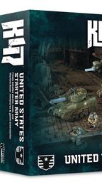 A box for the "Konflikt '47 United States Starter Army" features a detailed illustration of a battlefield scene. Prominently displayed are a U.S. tank and a large mecha, surrounded by several miniature soldiers in futuristic uniforms. The box design includes bold text with the game's title and a description of the contents, set against a dark, atmospheric background.