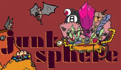 Stylized illustration featuring two characters against a deep red background. On the left, a humanoid figure with cat-like features, including pointed ears and a tail, clings to a large, jagged, gray winged shape resembling a broken or floating structure. The figure wears a sleeveless top and shorts.

On the right, a humanoid robot with a round head, a single large eye, and a mechanical body stands atop a pile of colorful debris. The robot wears a belt with tools or objects attached and holds a wrench in one hand. Surrounding the robot are various mechanical parts, gears, and what appear to be broken or discarded items.

In the center, large bold letters spell out "JUNKSPHERE" in a mix of black and yellow, with a distressed or grunge texture. The letters cast shadows, giving them a three-dimensional effect. In the bottom left corner, a small character with a round body and antennae stands next to a stack of books or crates.