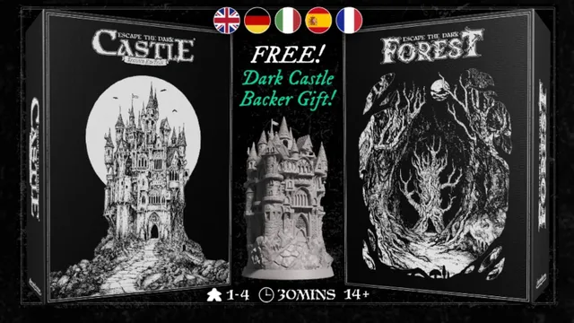 The image features promotional artwork for two tabletop games: "Escape the Dark Castle" Second Edition on the left, showcasing a detailed black-and-white illustration of a gothic castle against a full moon. In the center, a three-dimensional miniature of the Dark Castle is displayed, highlighting its intricate design. On the right, the title "Escape the Dark Forest" is presented with a dark, ominous illustration, suggesting a foreboding atmosphere. The text "FREE! Dark Castle Backer Gift!" is prominently featured, along with icons representing different languages at the top.