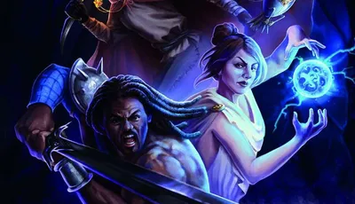 Fantasy heroes in dark setting, glowing orb, sword, owl-like creature, masked figure.