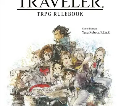The cover of the "Octopath Traveler TRPG Rulebook" features a colorful illustration of eight characters from the game, each with distinct appearances and poses, gathered together in a dynamic composition. Prominent in the center is a character with dark hair, flanked by a mix of heroes and a large wolf, all set against a soft, watercolor-like background. The title "OCTOPATH TRAVELER" is displayed at the top, with "TRPG RULEBOOK" beneath it, and the game designer's credit is noted at the bottom.