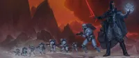 A dark-clad figure stands prominently in the foreground, wielding a glowing red sword in one hand and crackling energy in the other, exuding a commanding presence. Behind this figure, two armored soldiers in gray uniforms advance, one aiming a weapon while the other appears to be in a defensive stance. The background features a dramatic landscape with fiery red skies and jagged mountains, enhancing the sci-fi atmosphere of the scene.