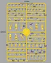 A detailed sprue layout showcases various miniature components for the Civilians & Survivors range by Wargames Atlantic. The sprue features a variety of yellow plastic parts, including six unique body poses, numerous heads, and an assortment of weapons such as shovels, baseball bats, and firearms. The layout is organized into sections, with each part labeled for easy identification, allowing for customization and assembly of characters ranging from panicked evacuees to hardened survivors.