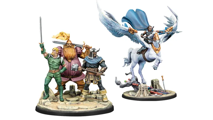 A group of four detailed tabletop miniatures is displayed on the left, featuring a green-clad warrior with a sword, a large bearded dwarf holding a sword, a knight in armor with a hammer, and a rogue-like character in dark clothing. On the right, a heroic figure rides a majestic white pegasus, wielding a sword, with large wings spread wide. The base of the miniatures is adorned with various weapons and debris, enhancing the fantasy theme.