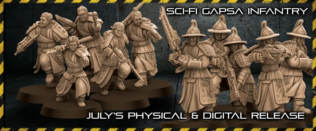 Five miniatures in futuristic Korean-inspired armor holding rifles, text "SCI-FI GAPSA JULY'S PHYSICAL & DIGI"