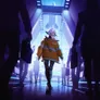 A person with long white hair, wearing a yellow jacket with green straps, black pants, and boots, walks away down a futuristic, dimly lit corridor lined with glowing blue panels and silhouetted figures.