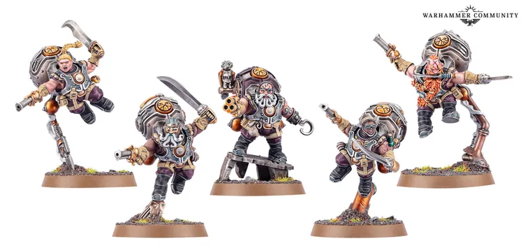Three Kharadron Overlords miniatures are displayed, showcasing their distinctive nullsuits and gear. The figures include a dwarf with a cutlass and a pistol, another wielding a firearm, and a third with a mechanical arm, all posed dynamically as if in mid-action. The bases feature tufts of grass and rocky terrain, enhancing the adventurous theme of these flying duardin.