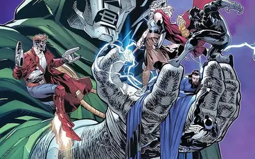 Doctor Doom holding energy, with Rocket Raccoon, Thor, Black Panther, and others. Text: SECRET WARS.