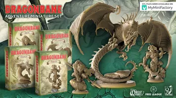 A collection of Dragonbane RPG miniatures is displayed, featuring a large, intricately designed dragon with outstretched wings and fierce details, positioned prominently on the right. Surrounding the dragon are several smaller miniatures, including a humanoid creature and a seated figure, showcasing a variety of fantasy designs. In the background, multiple boxes labeled "DRAGONBANE" are stacked, indicating different sets such as "Hero Set," "Adult Dragon," and "Demons Set," all set against a textured green backdrop.