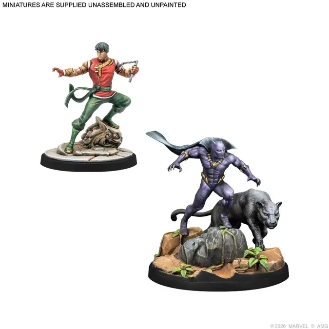 Two painted miniatures: Red Guardian on rocks, Black Panther with panther on rocky base.