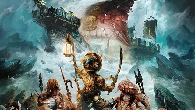 A group of armored warriors on a stormy battlefield, one holding a lantern aloft. A damaged ship with a red flag bearing a skull and crossbones flies overhead. Text at bottom reads: "GRIM AND PERILOUS ADVENTURE AT THE THRESHOLD OF THE EMPIRE."