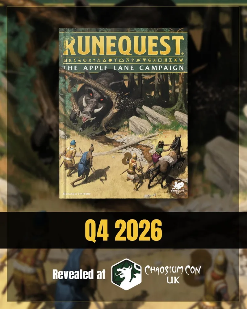 A vibrant cover for "The Apple Lane Campaign" features a large, menacing boar emerging from the underbrush, with red eyes and sharp tusks, set against a backdrop of dense forest. In the foreground, several characters, including a mounted figure and two warriors, are depicted, suggesting a sense of adventure and impending conflict. The text at the bottom indicates a release date of Q4 2026 and notes that the book was revealed at Chaosium Con UK.