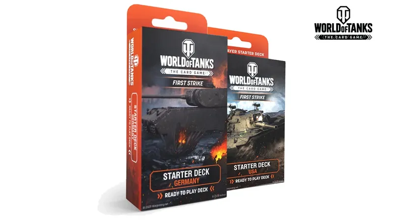 Two starter decks for the "World of Tanks: The Card Game" are displayed side by side. The left deck is labeled "Starter Deck: Germany" and features a dramatic image of a tank amidst explosions. The right deck is labeled "Starter Deck: USA" and showcases a tank in a more serene setting. Both decks are branded with the game's logo at the top, emphasizing their readiness for play.