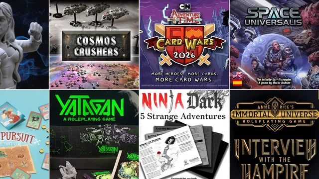 Top-left: Woman in dynamic pose holding a glowing dice with "$$S" symbol and "DICE" partially visible in background. Top-right: Miniature game scene titled "COSMOS CRUSHERS" with space-themed terrain and figures.