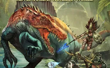 Cover art for a tabletop RPG showing a large, armored dinosaur-like creature attacking three armored adventurers near rocky ruins. One adventurer wields a spear, another a sword, and a third holds a glowing orb.
