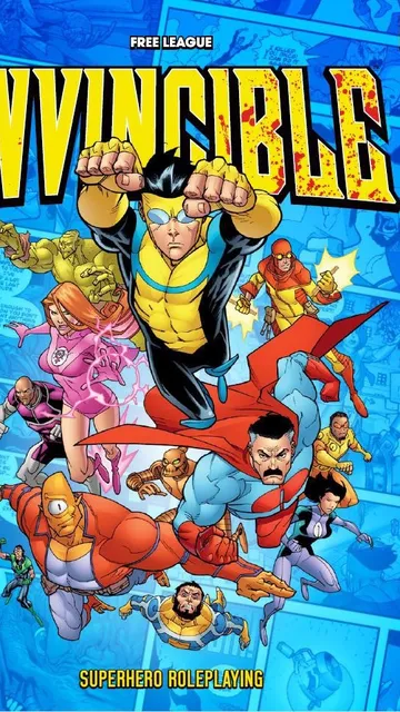 Superheroes in action with "INVINCIBLE" in bold yellow letters above.