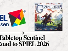 Logo of a colorful geometric puzzle piece. Cover art for board game "Greylune" featuring a knight on horseback in a fantasy landscape with a castle, dragon, and forest. Text reads "Greylune" at top, "SPIEL 2026" and "Shop Sentinel" at bottom.
