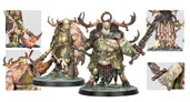 A large, grotesque daemon prince named Gelgus Pust stands prominently, showcasing a muscular, bulbous body adorned with various skulls and intricate armor details. He wields a rusted sword in one hand, while his other hand displays a grotesque, oversized appendage. The figure features moth-like wings and a toothy grin, with a base that includes a textured, green landscape, enhancing the character's menacing presence.